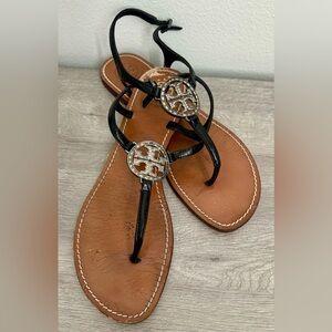 Tory Burch Sandal Shoe Women sz-10M T-Strap Thong Black Leather Rhinestone. Used